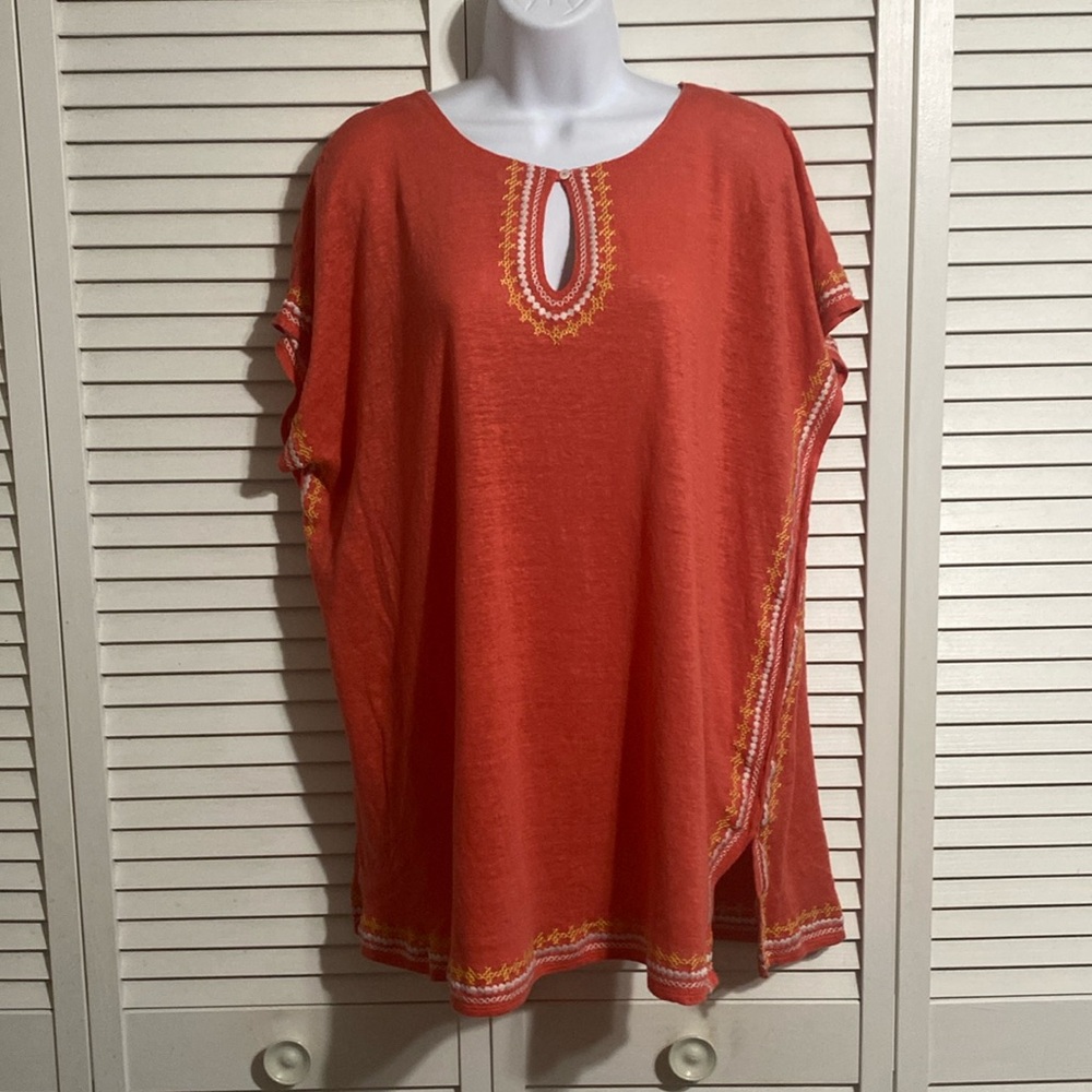 J. Jill Love Linen‎ Blouse Womens Size Medium Lagenlook Multi Color Keyhole